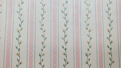 Dollhouse Wallpaper Pink Strip Floral Vine 3 Sheets 1:12 Scale Cream Pink Green