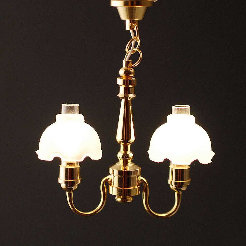 Dollhouse 2 Arm Flower Chandelier Light Hanging 12 Volt with Plug 1:12 Scale