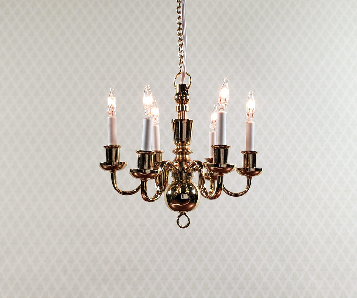 Dollhouse Brass Chandelier 6 Arm 12 Volt Electric 1:12 Scale Miniature