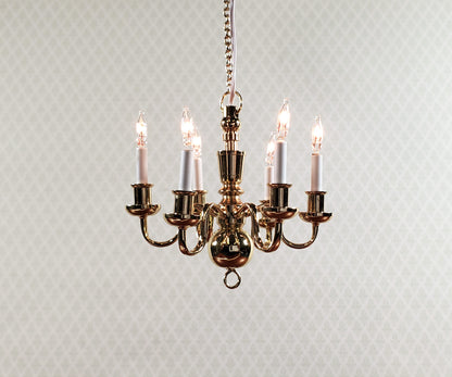 Dollhouse Brass Chandelier 6 Arm 12 Volt Electric 1:12 Scale Miniature