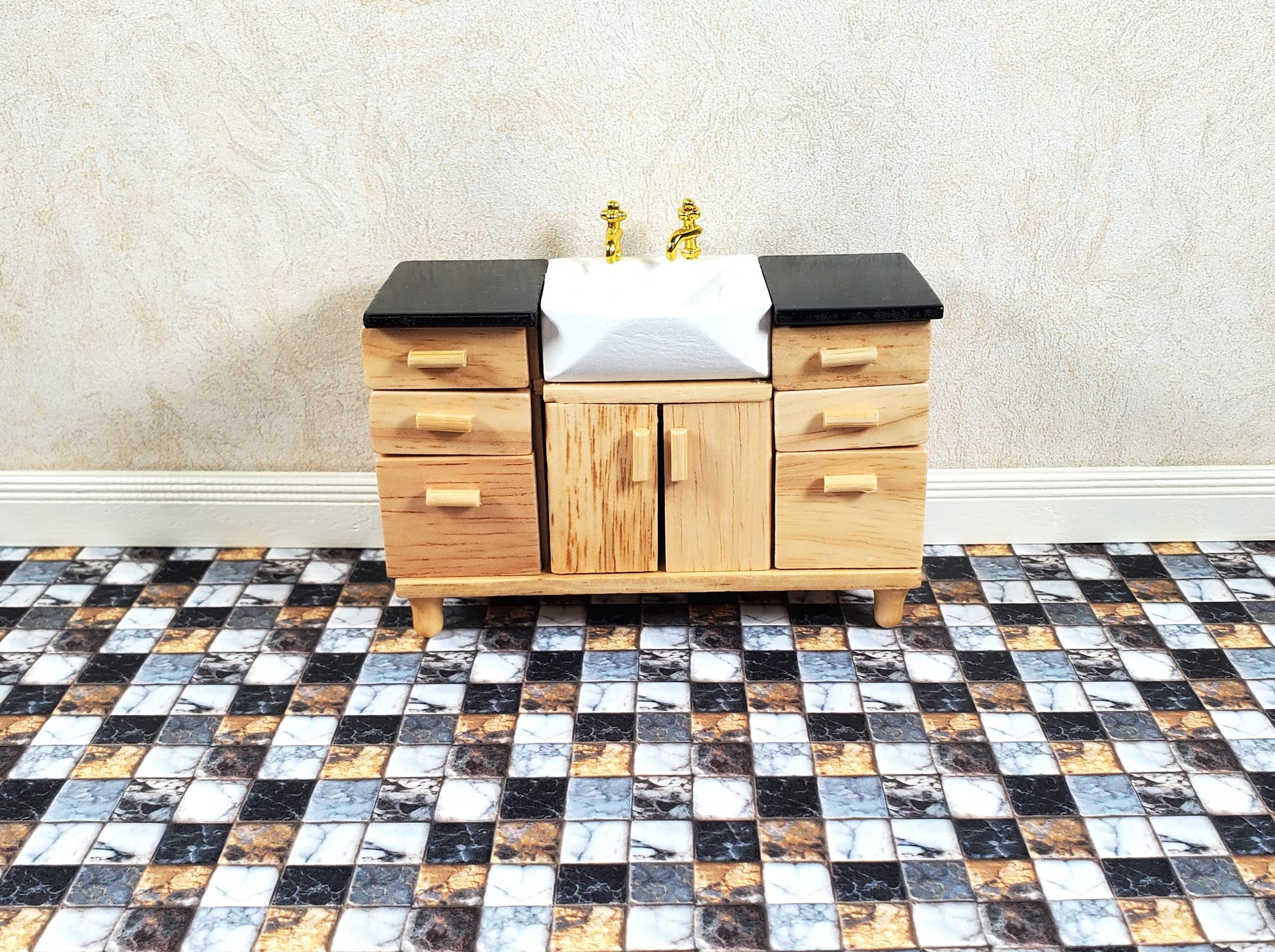 Dollhouse Tile Paper Flooring or Backsplash Black White Gold 1:12 Scale