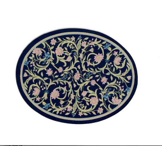 Dollhouse Oval Rug Fabric Navy Blue Pink Floral 1:12 Scale Miniature