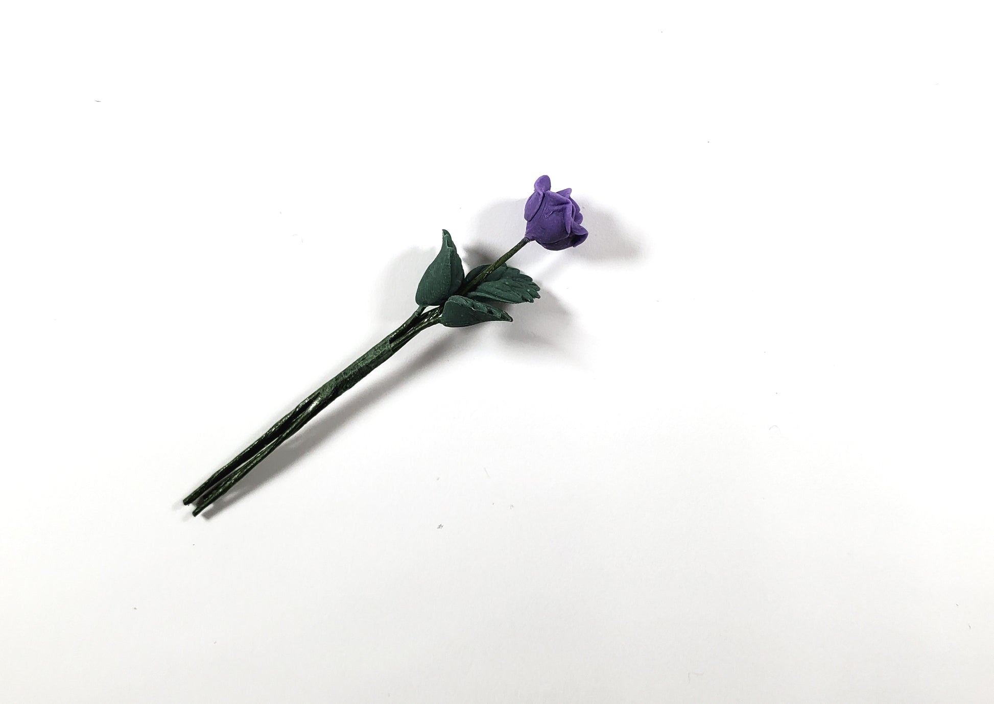 Dollhouse Purple Rose Flower Single Stem with Foliage 1:12 Scale Miniature