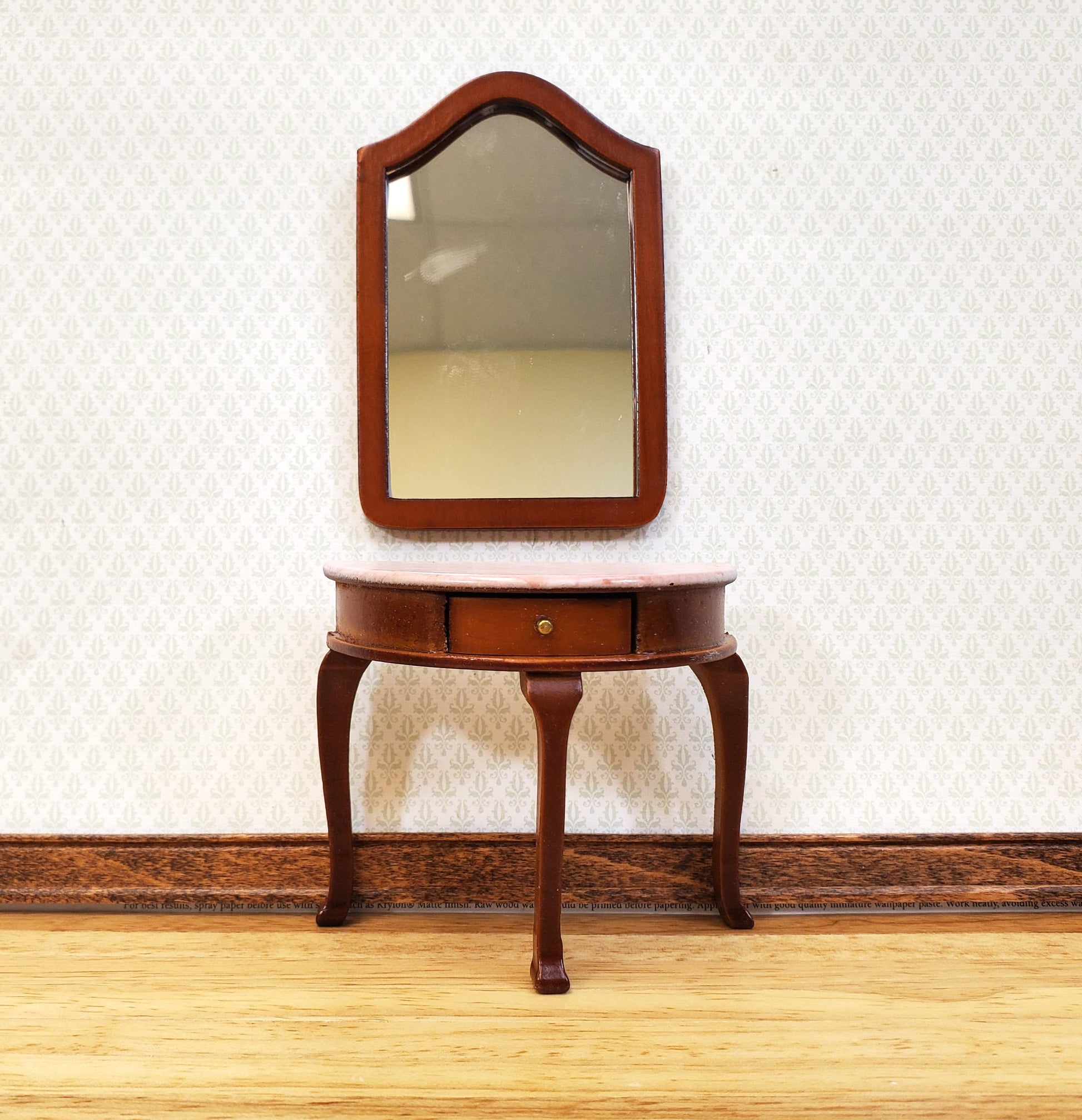 Dollhouse Demi Table with Mirror Half Round Demilune 1:12 Scale Furniture Walnut Finish