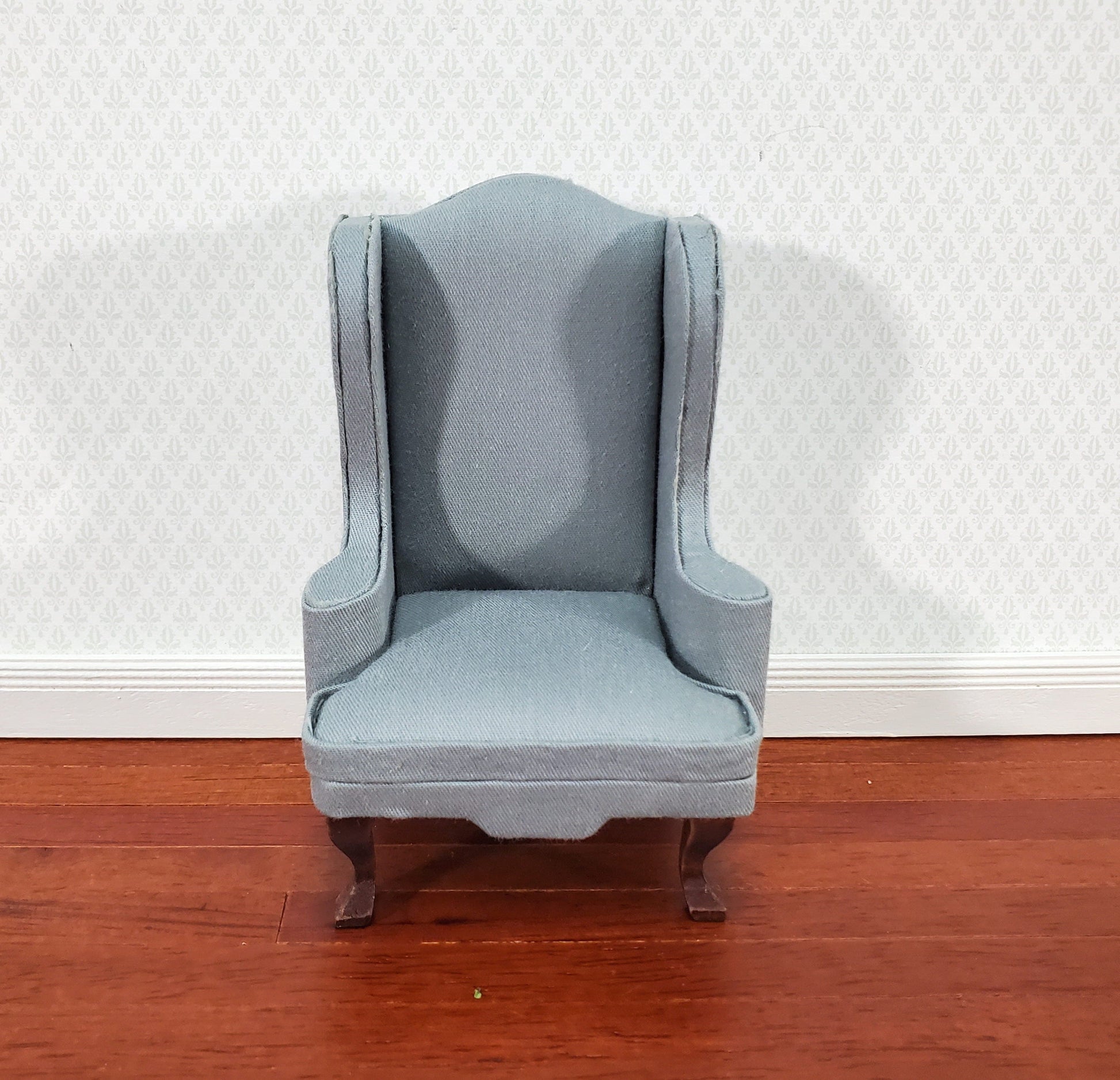 Dollhouse Arm Chair Wing Back Gray Fabric 1:12 Scale Miniature Furniture
