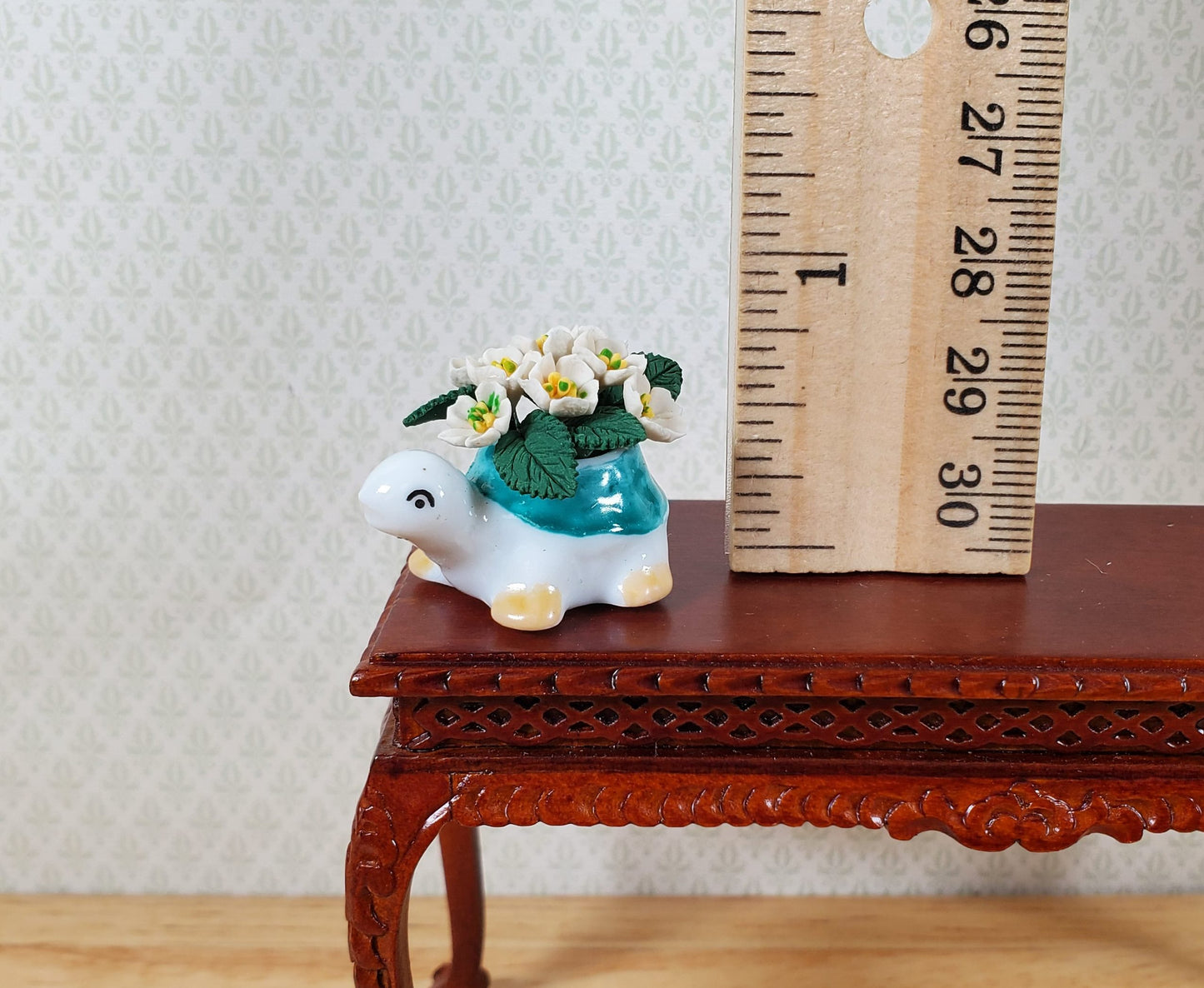 Dollhouse White Flowers in Green Ceramic Turtle Planter Pot 1:12 Scale Miniature