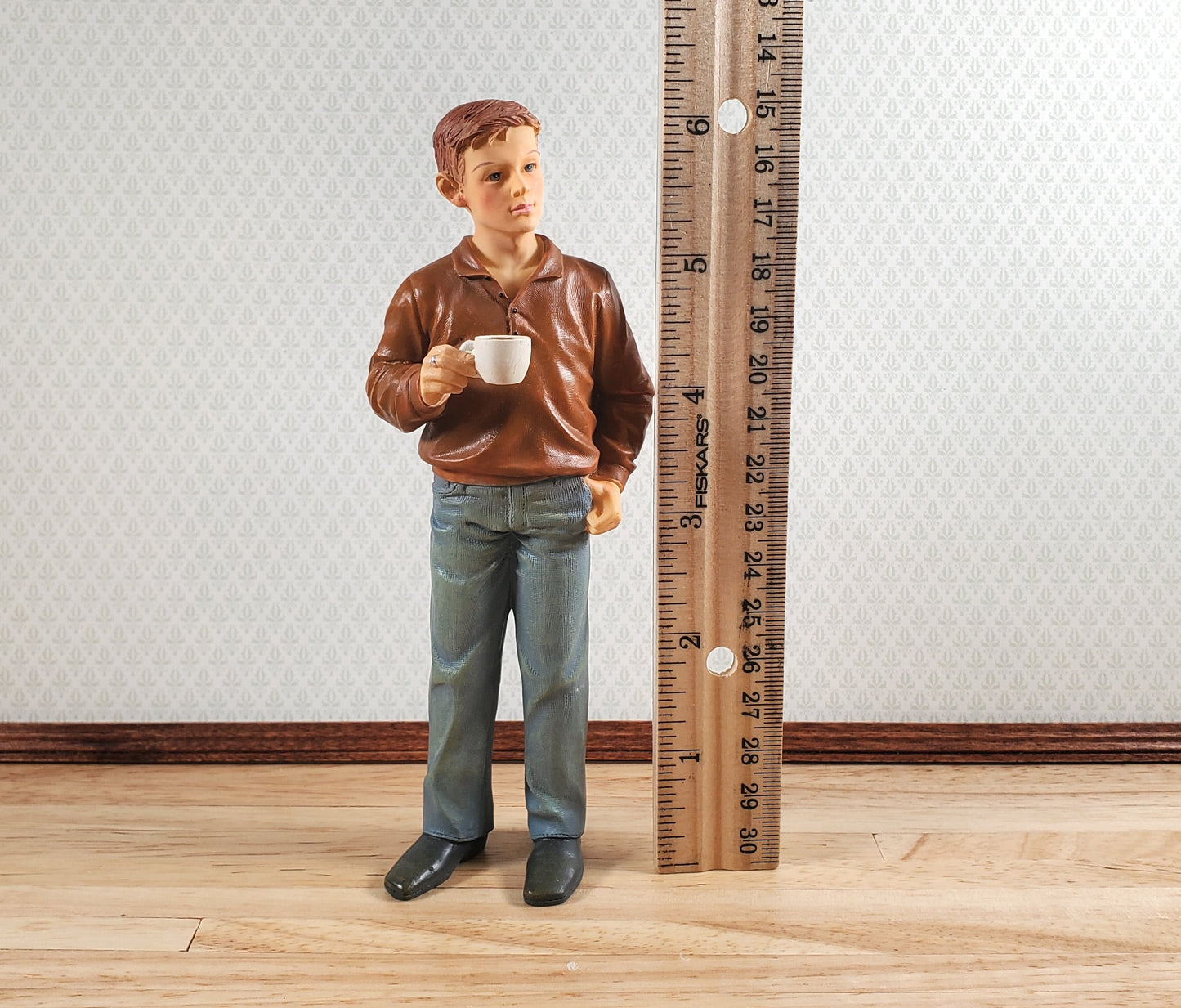 Dollhouse Modern Young Man Dad Male with Coffee Standing 1:12 Scale "Russ"