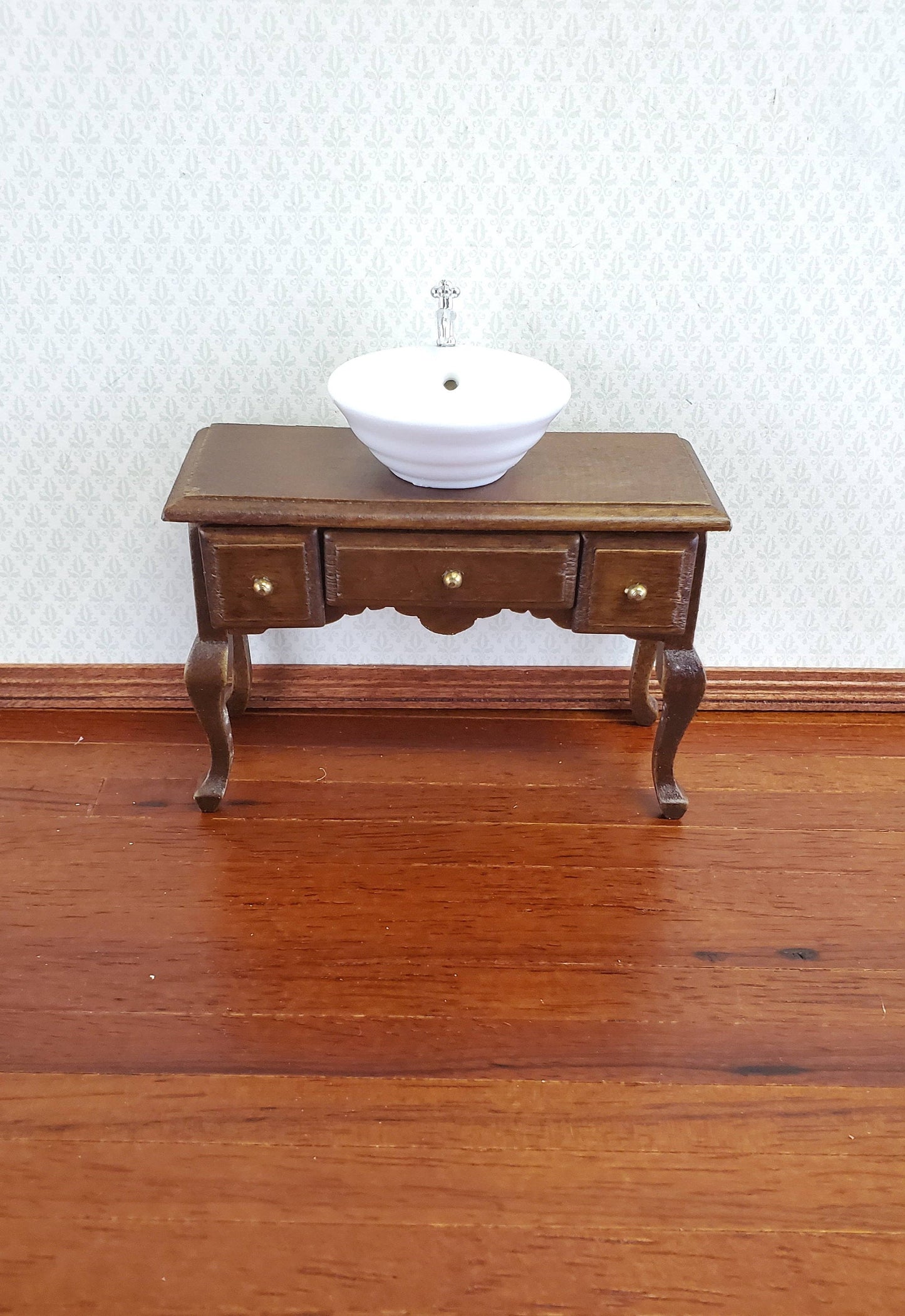 Dollhouse Miniature Vanity Table with Drawers Wood Walnut Finish 1:12 Scale Furniture