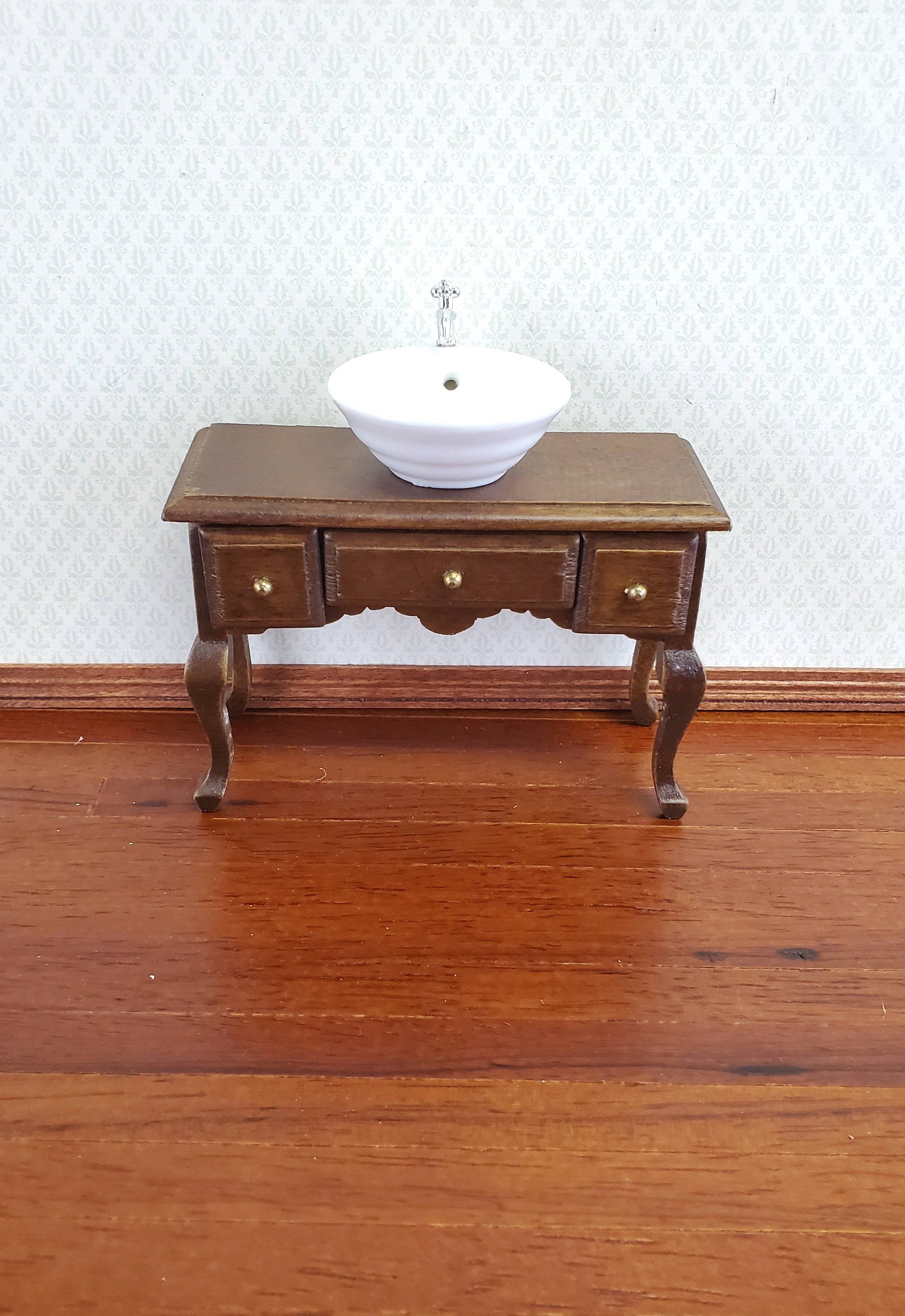Dollhouse Miniature Vanity Table with Drawers Wood Walnut Finish 1:12 Scale Furniture