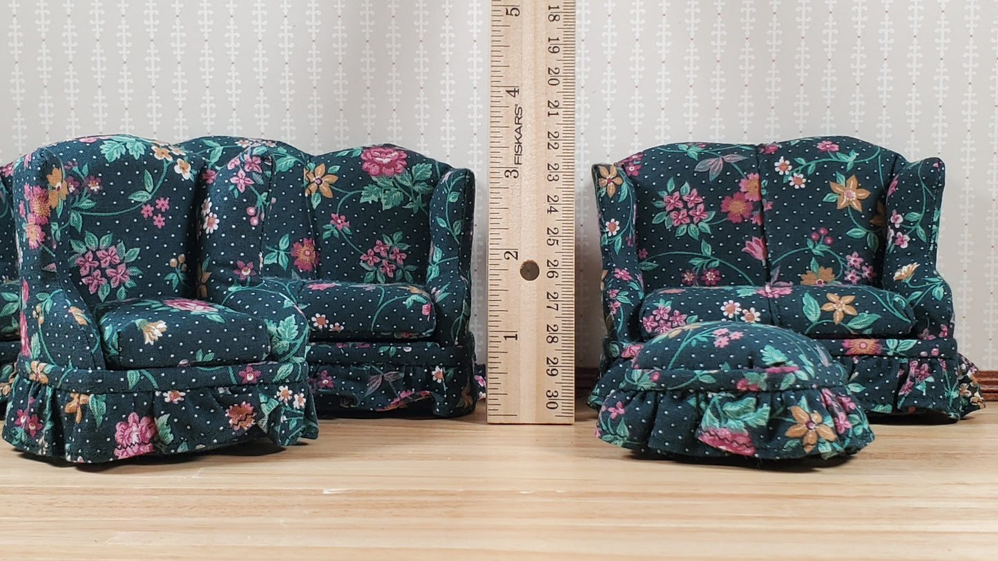 Dollhouse Living Room Set 4 pc Green Flowers & Vines 1:12 Scale Miniature Furniture