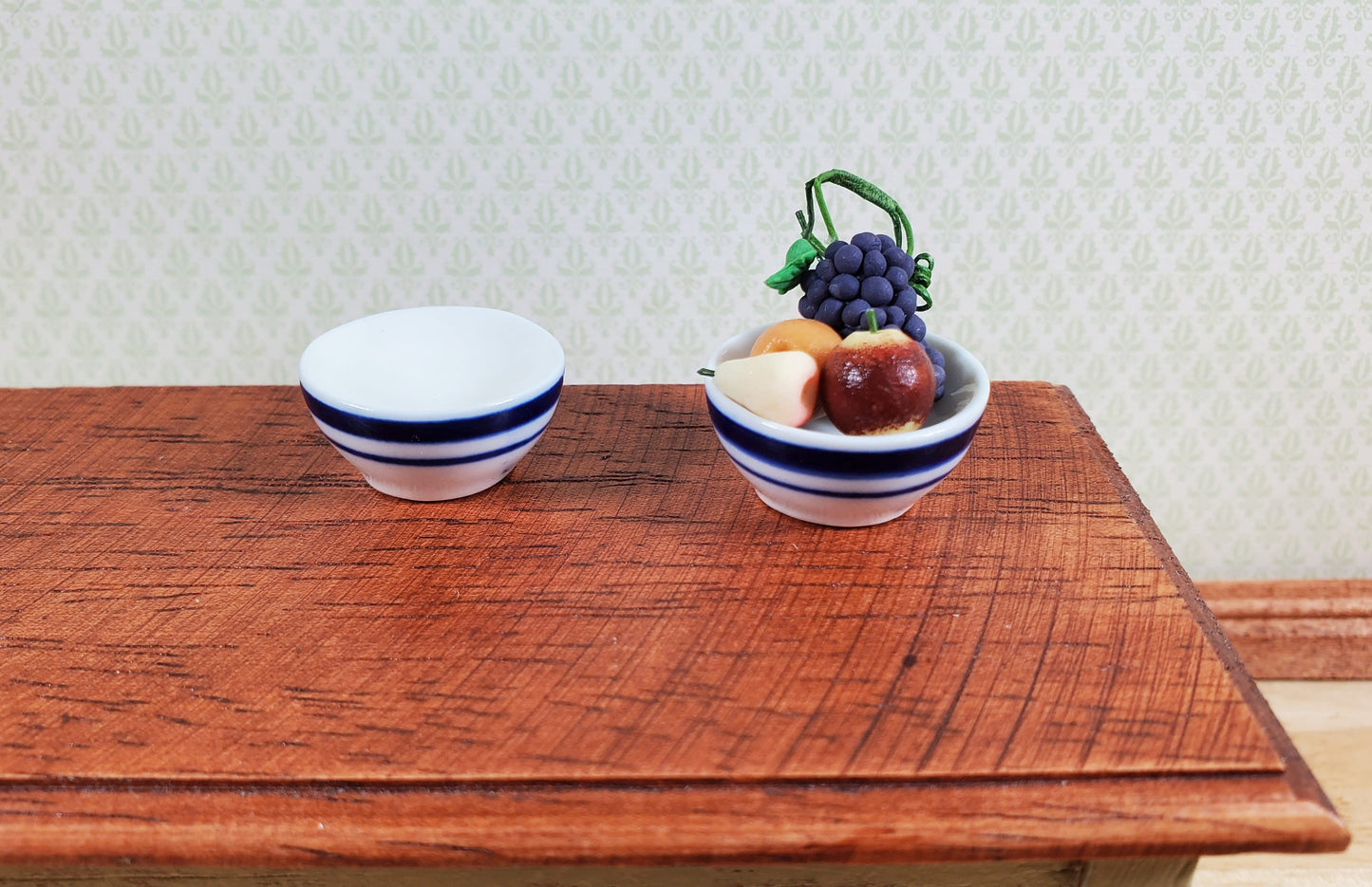 Dollhouse Bowl White with Blue Stripes Ceramic Set of 2 1:12 Scale Miniature