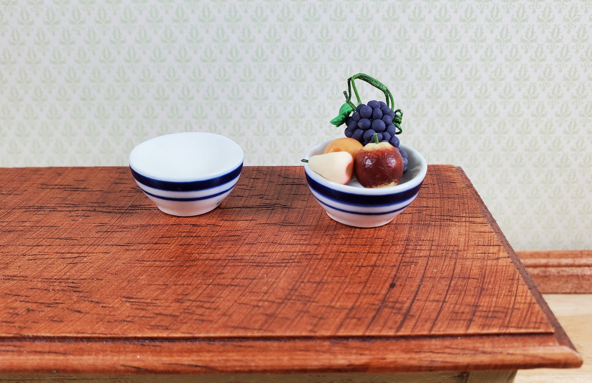 Dollhouse Bowl White with Blue Stripes Ceramic Set of 2 1:12 Scale Miniature