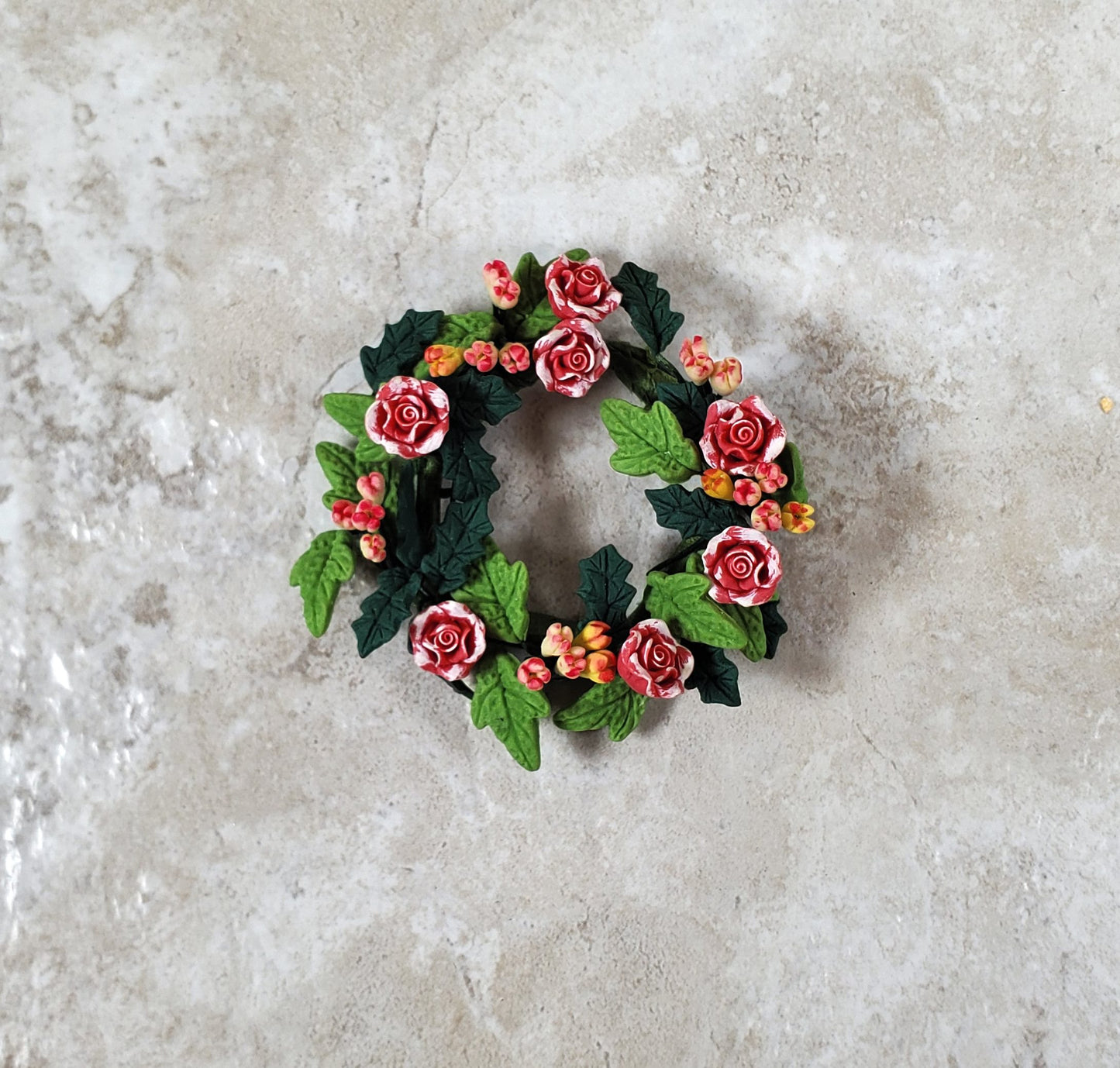 Dollhouse Pink and White Roses in a Floral Wreath 1:12 Scale Miniature