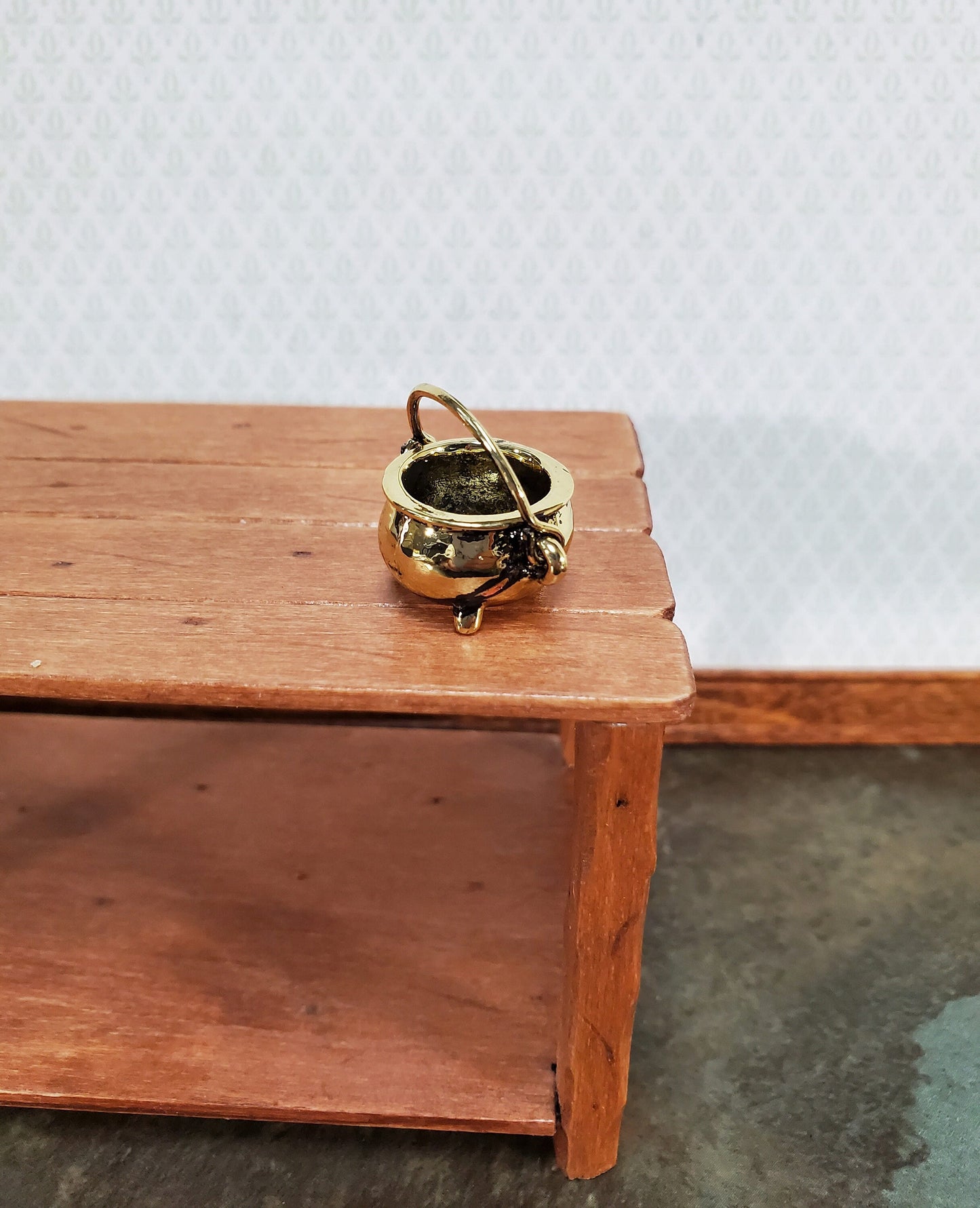 Tiny Pot of Gold with Coins Cauldron with Handle Dollhouse Miniature