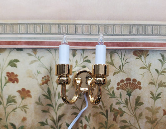 Dollhouse Double Candle Wall Sconce Gold 12 Volt with Plug 1:12 Miniature Light