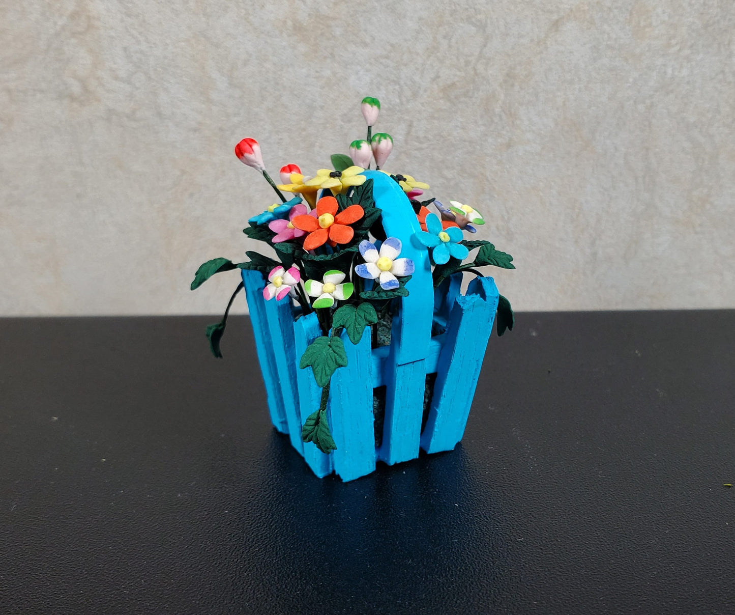 Dollhouse Spring Florals in Blue Picket Planter 1:12 Scale Miniature