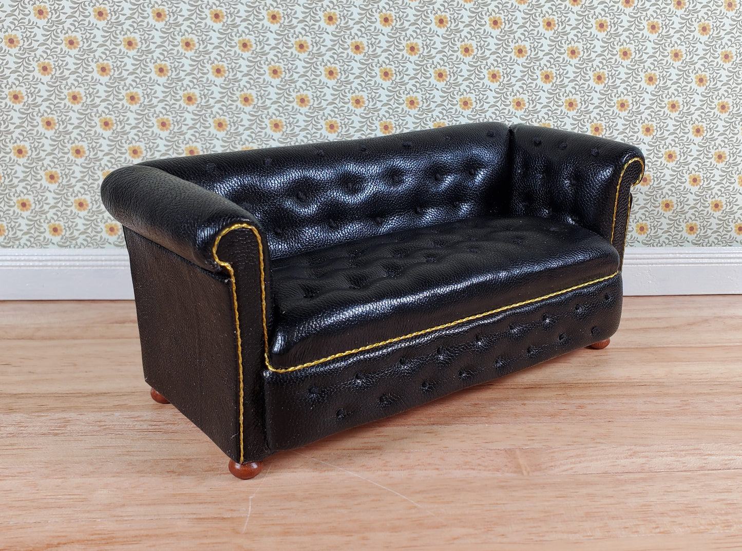 JBM Dollhouse Chesterfield Sofa Black Tufted Faux Leather 1:12 Scale Furniture