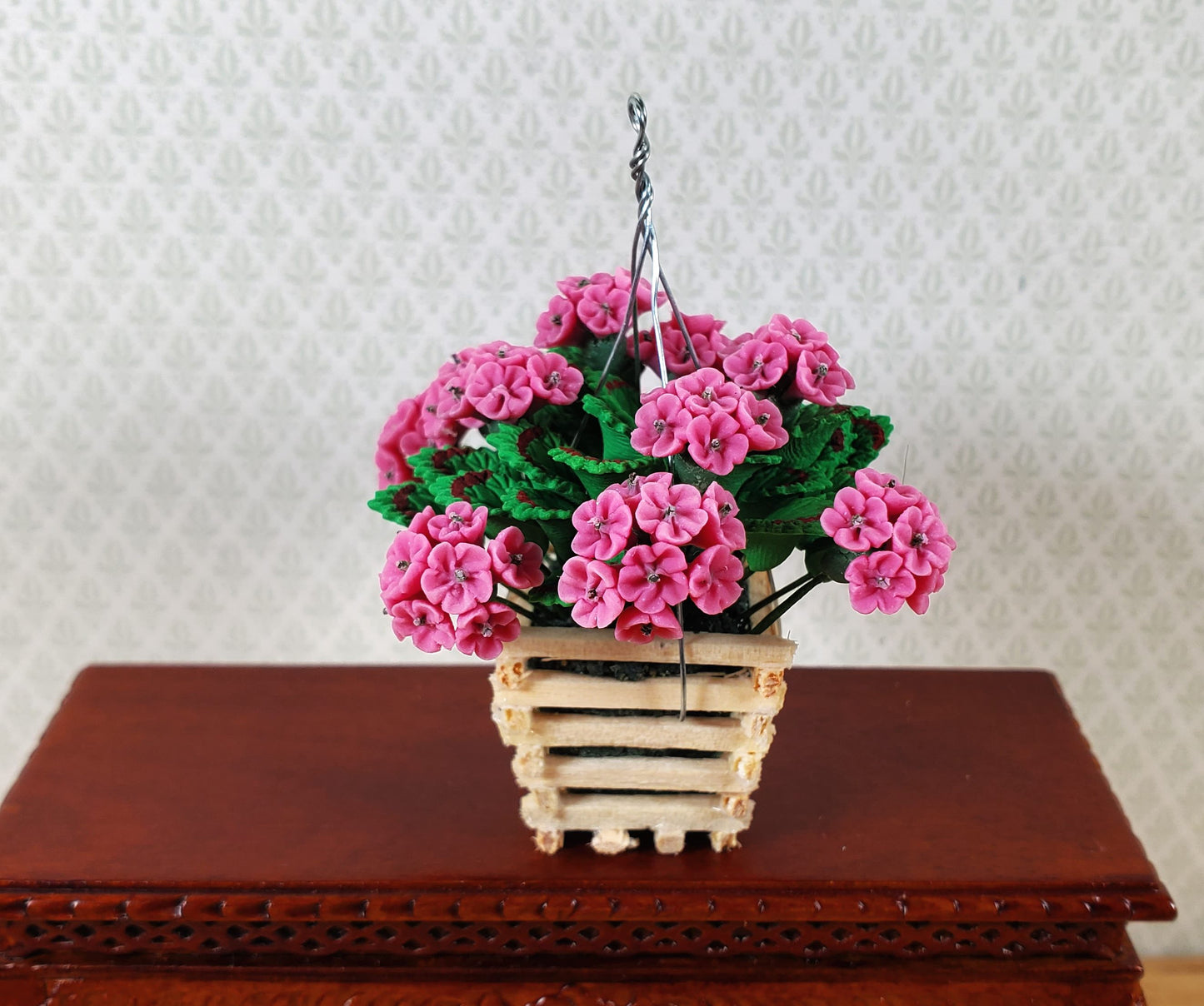 Dollhouse Pink Geranium Plant in Wood Hanging Planter 1:12 Scale Miniature