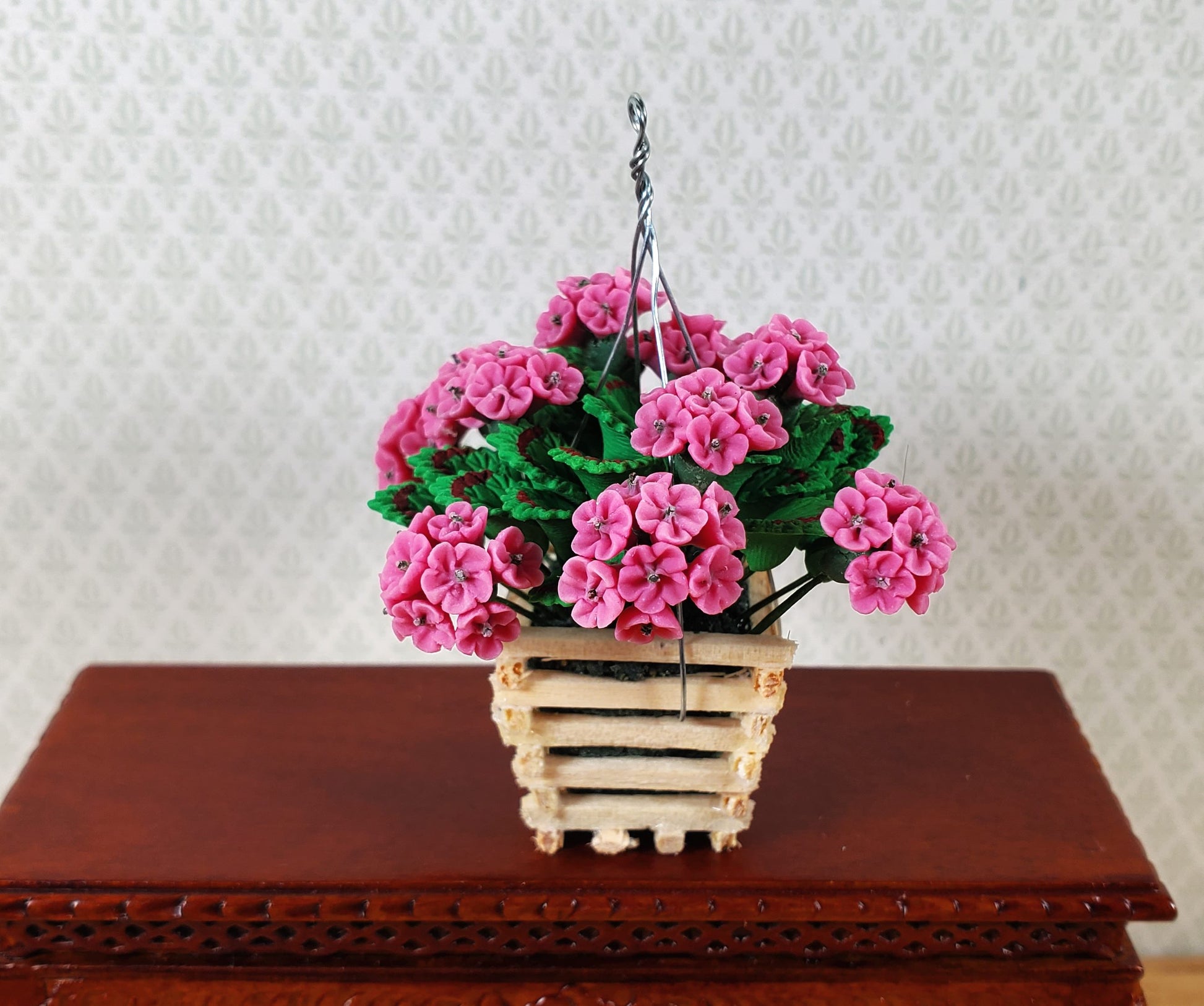 Dollhouse Pink Geranium Plant in Wood Hanging Planter 1:12 Scale Miniature