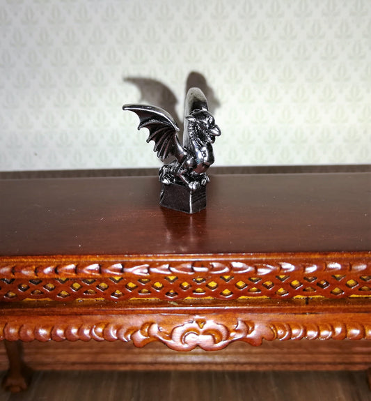 Dollhouse Miniature Dragon Statue Silver Tone 1:12 Scale 7/8" Tall Detailed