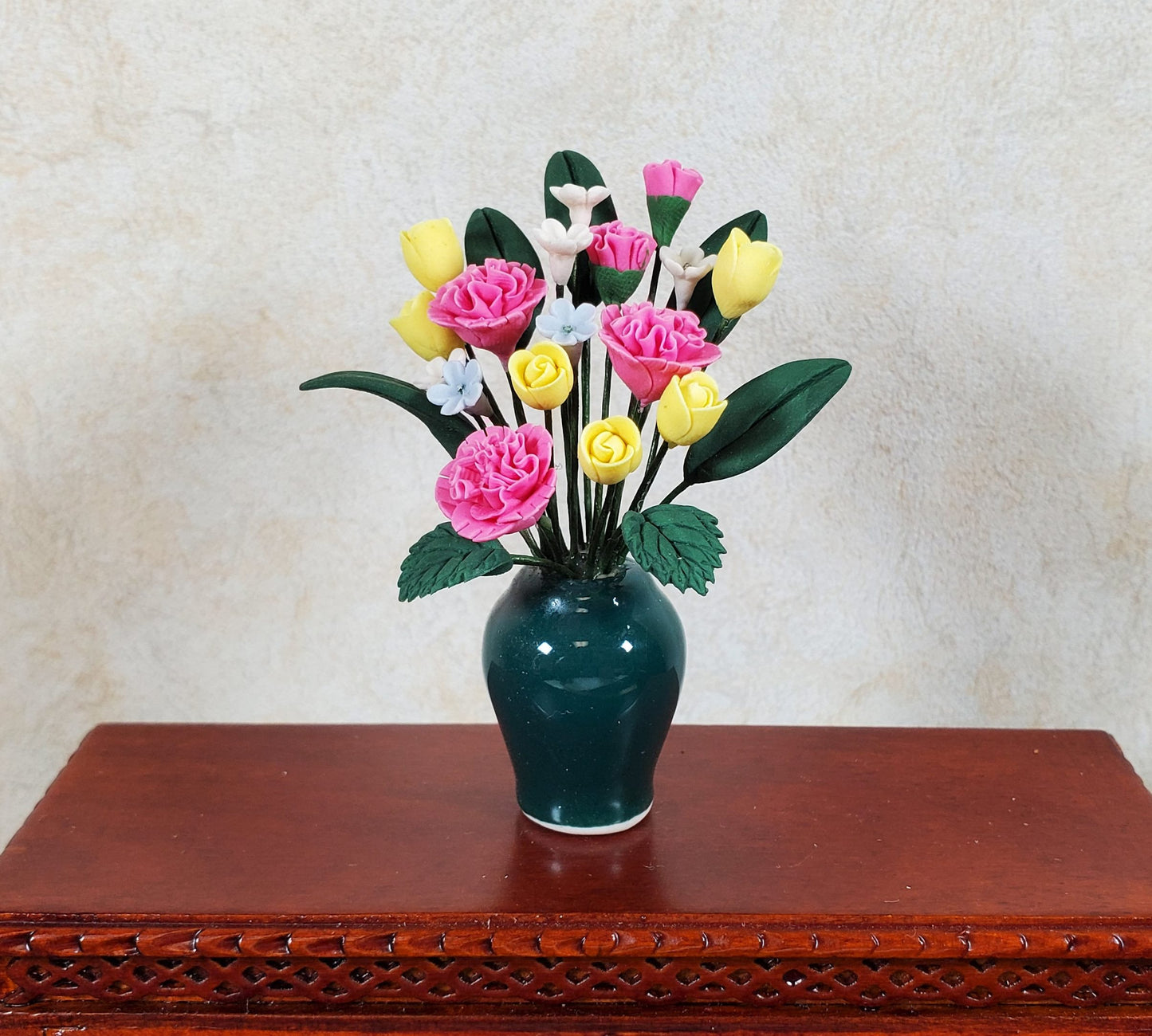 Dollhouse Pink Carnations Assortment in Ceramic Green Vase 1:12 Scale Miniature