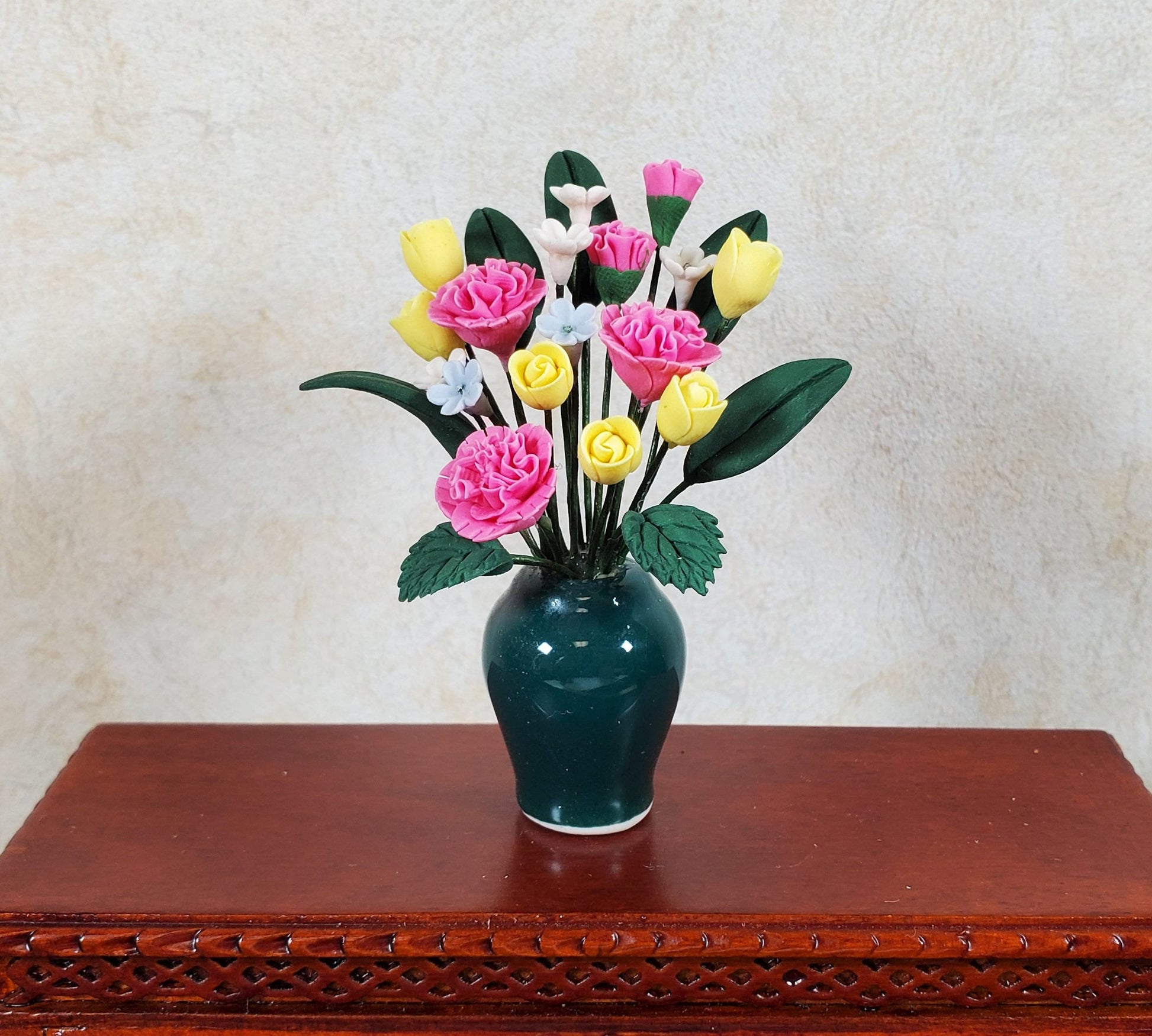 Dollhouse Pink Carnations Assortment in Ceramic Green Vase 1:12 Scale Miniature