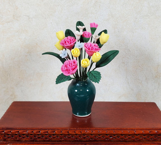 Dollhouse Pink Carnations Assortment in Ceramic Green Vase 1:12 Scale Miniature