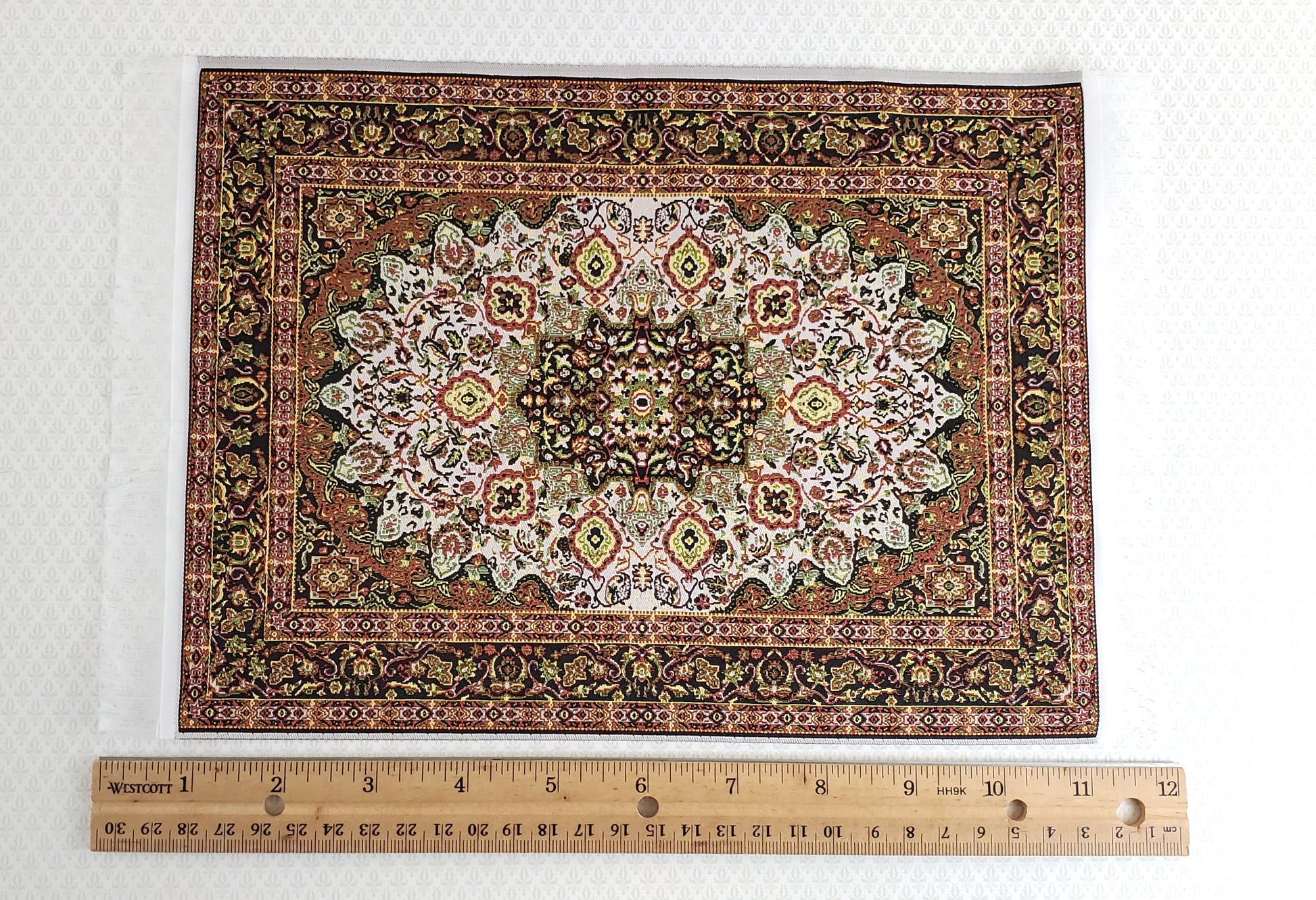Dollhouse Miniature Rug Large Gold & Green with Fringe Full Room Carpet 1:12 Scale
