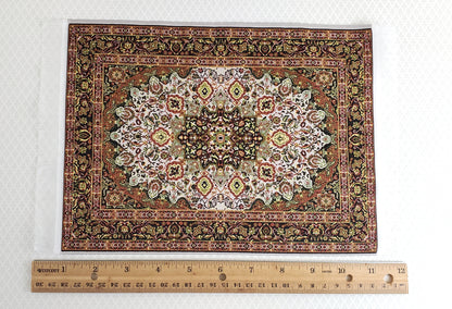 Dollhouse Miniature Rug Large Gold & Green with Fringe Full Room Carpet 1:12 Scale