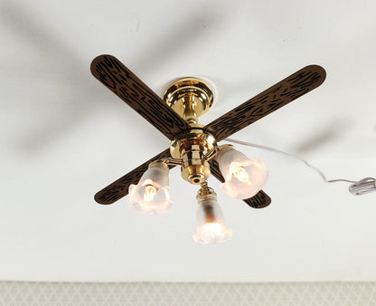 Dollhouse Ceiling Fan Light 12 Volt with Plug 1:12 Scale Miniature Tulip Shades