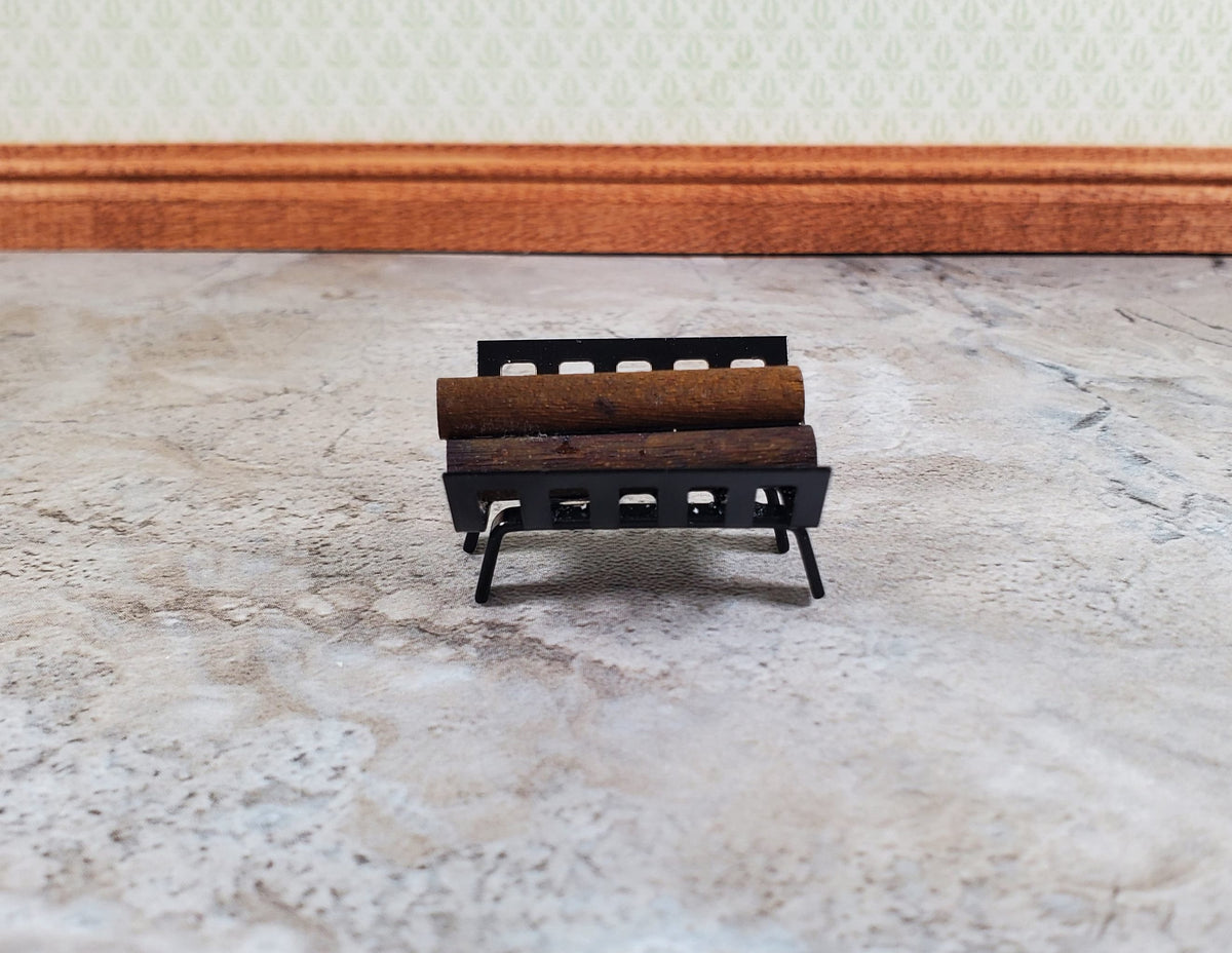 Dollhouse Fireplace Log Grate with Logs Rack Small Black Metal 1:12 Scale