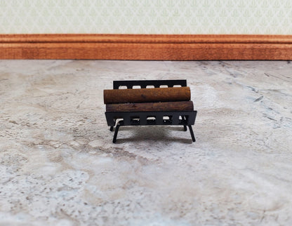 Dollhouse Fireplace Log Grate with Logs Rack Small Black Metal 1:12 Scale