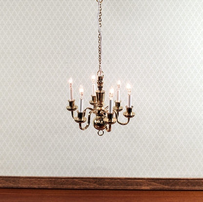 Dollhouse Brass Chandelier 6 Arm 12 Volt Electric 1:12 Scale Miniature