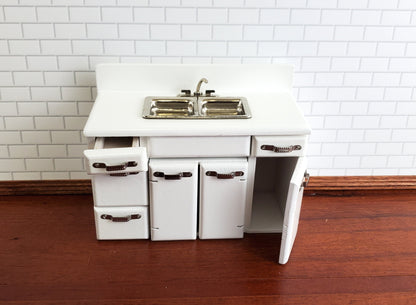 Dollhouse Miniature Kitchen Sink with Cabinet 1950s Retro Style WHITE 1:12 Scale