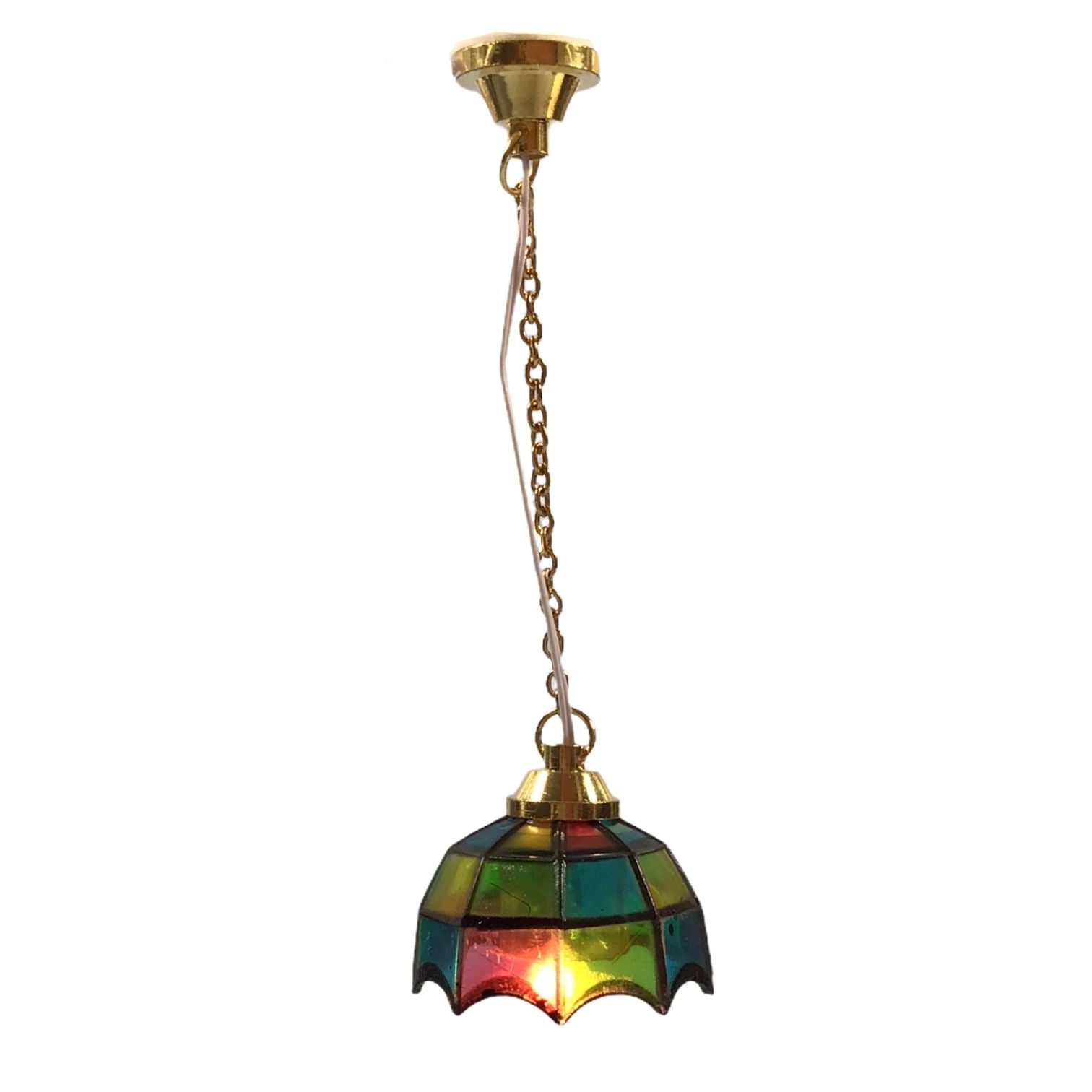 Dollhouse Ceiling Light Stained Glass Style 1:12 Scale Miniature 12 Volt w/ Plug