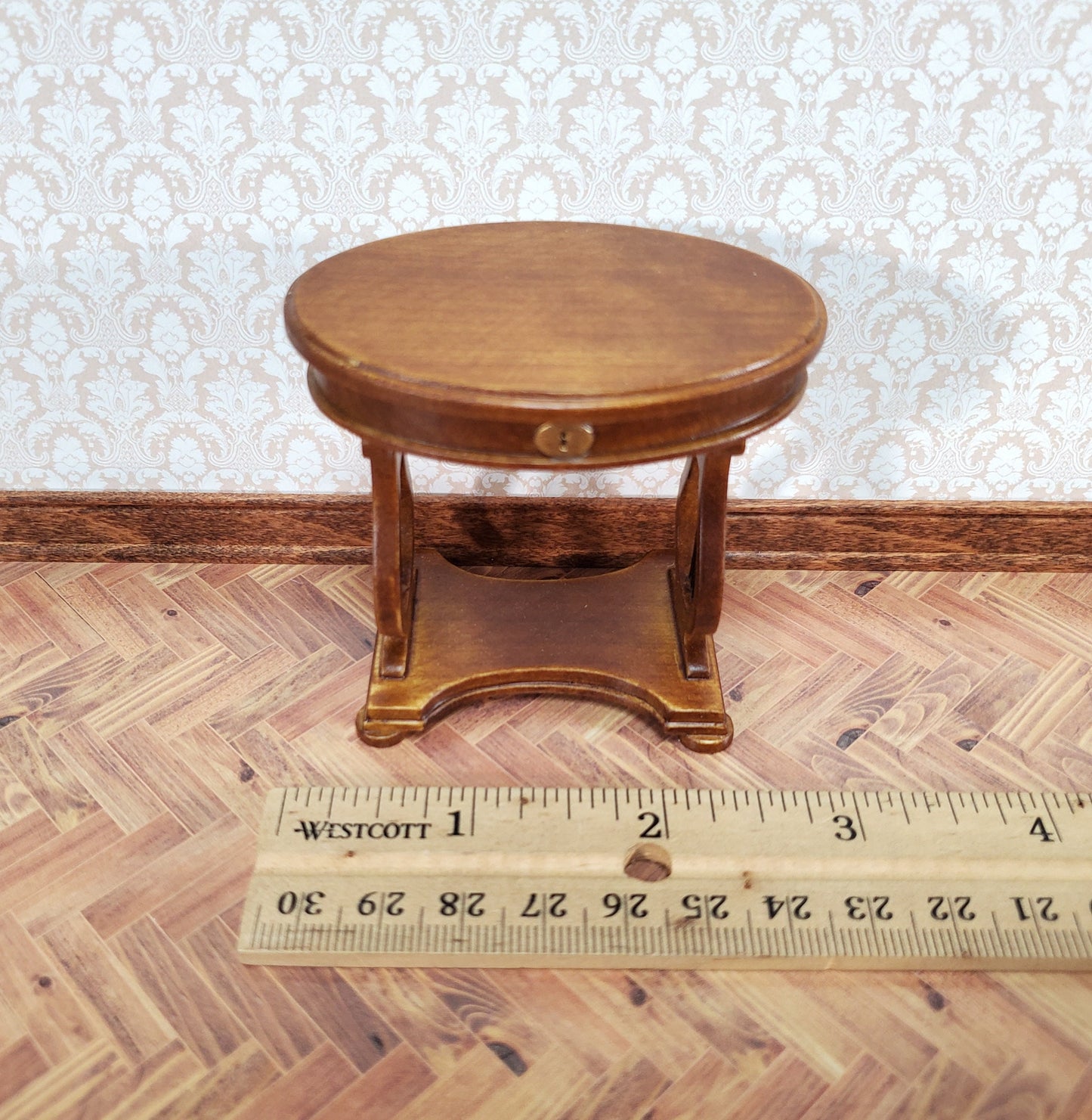 JBM Miniature Sewing Table Oval 1:12 Scale Miniature Furniture Walnut Finish