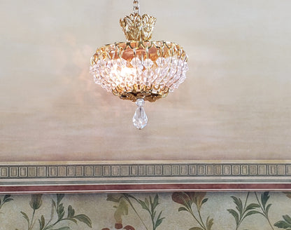 Dollhouse Ceiling Light Real Glass Crystals Low Profile 12 Volt 1:12 Scale Miniature