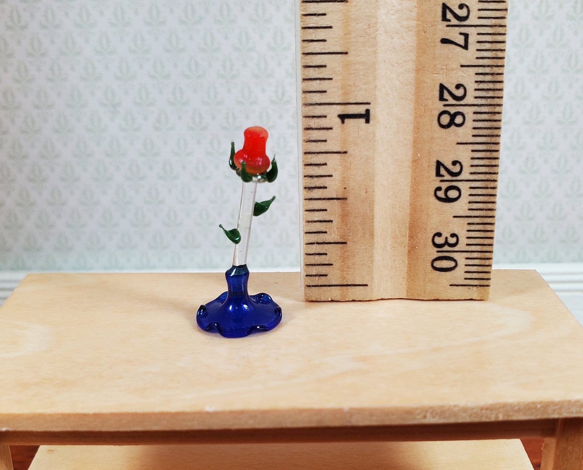 Dollhouse Tall Glass Rose Centerpiece Sculpture Blue Base 1:12 Scale Miniature