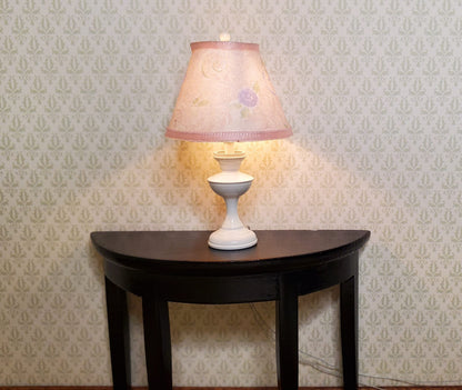 Dollhouse Nursery Table Lamp Pink Shade White Brass Base 12 Volt Wired 1:12