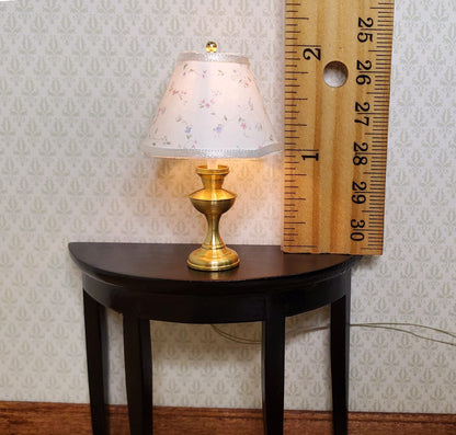 Dollhouse Table Lamp Tiny Floral Design Brass Base 12 Volt Wired 1:12 Scale