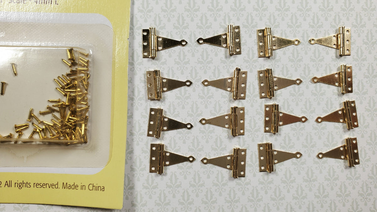 Dollhouse Miniature T Hinges Working x16 Gold 1:12 Scale Includes Nails