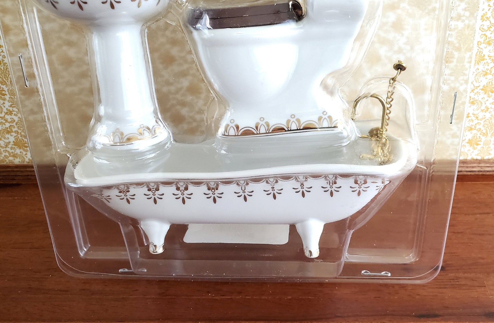 Dollhouse Miniature Bathroom Set Tub Toilet Sink Mirror White & Gold 1:12 Scale