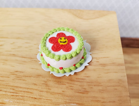 Dollhouse Red Flower Cake with Green Piping 1:12 Scale Miniature Dessert Bakery