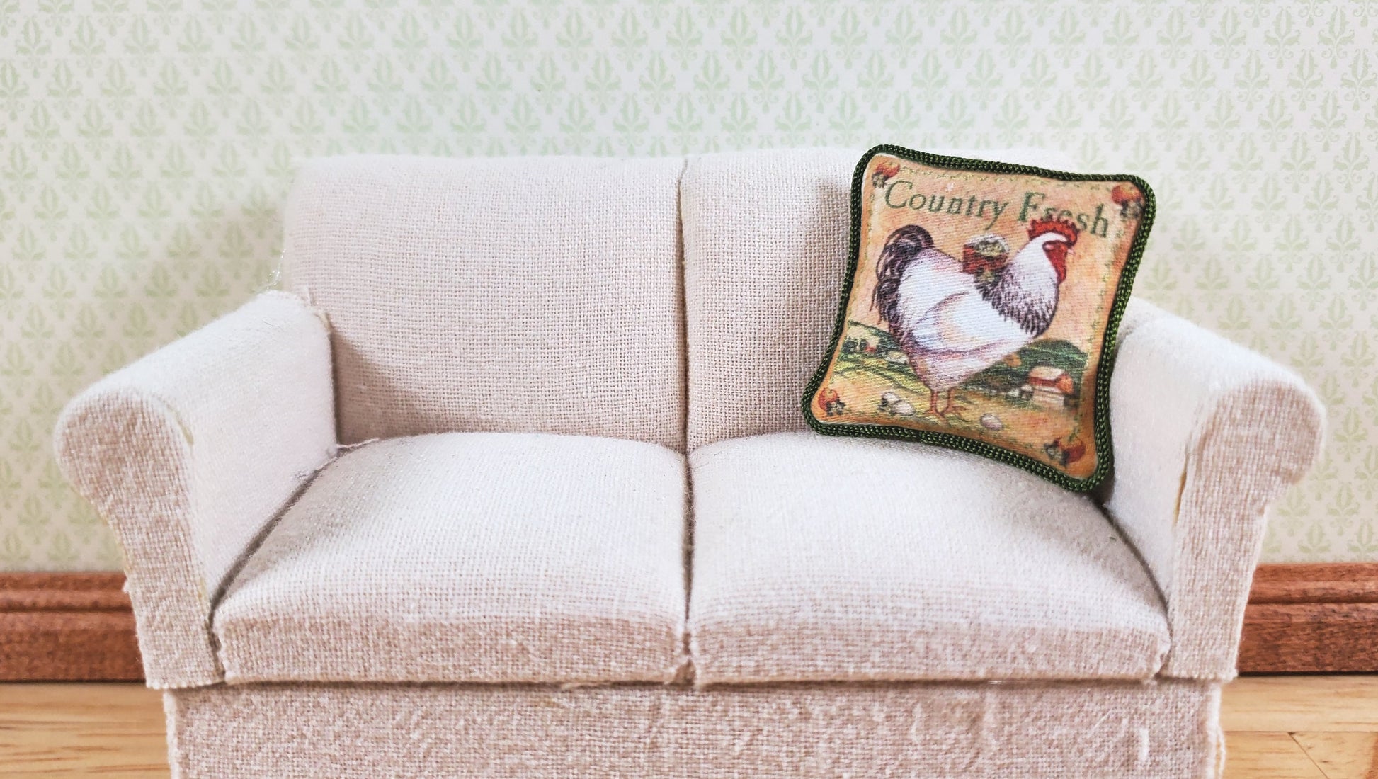 Dollhouse Country Rooster Pillow Green Trim Handmade 1:12 Scale Miniature
