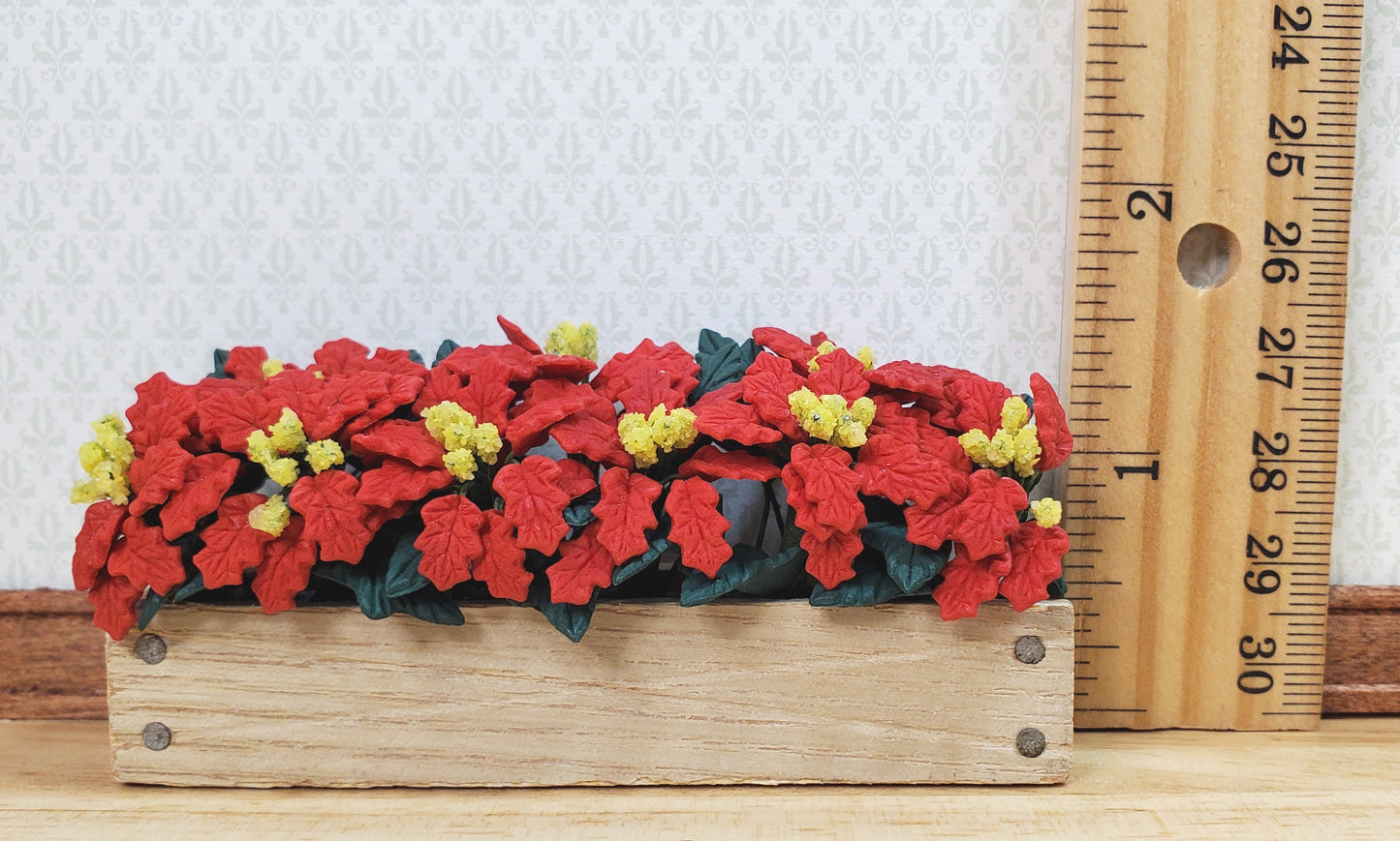 Dollhouse Red Poinsettias in Window Box Planter 1:12 Scale Miniature 3 3/8"