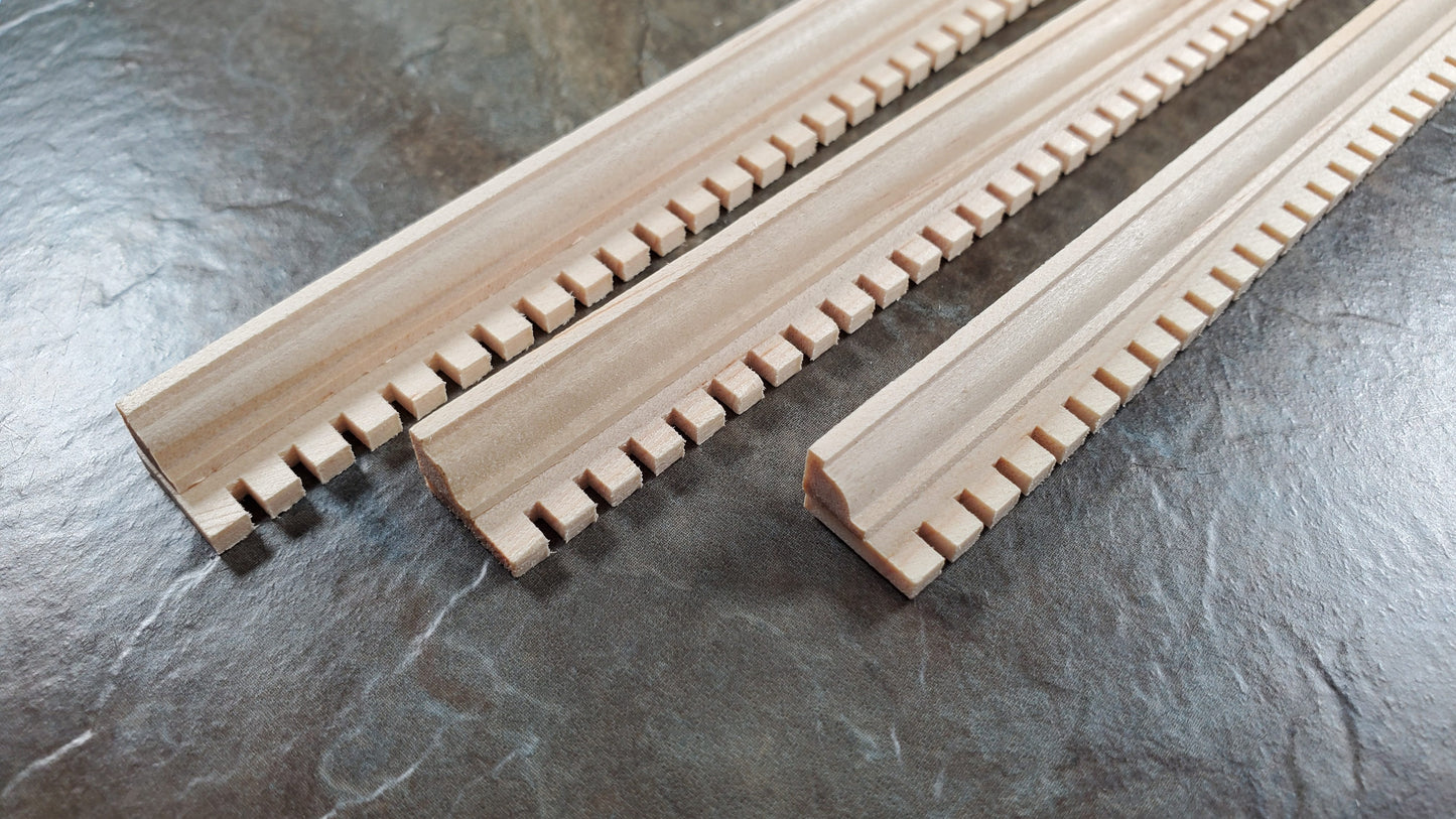 Miniature Dentil Crown Molding Trim 3 pcs 7/16" tall x 18" long 1:12 Scale