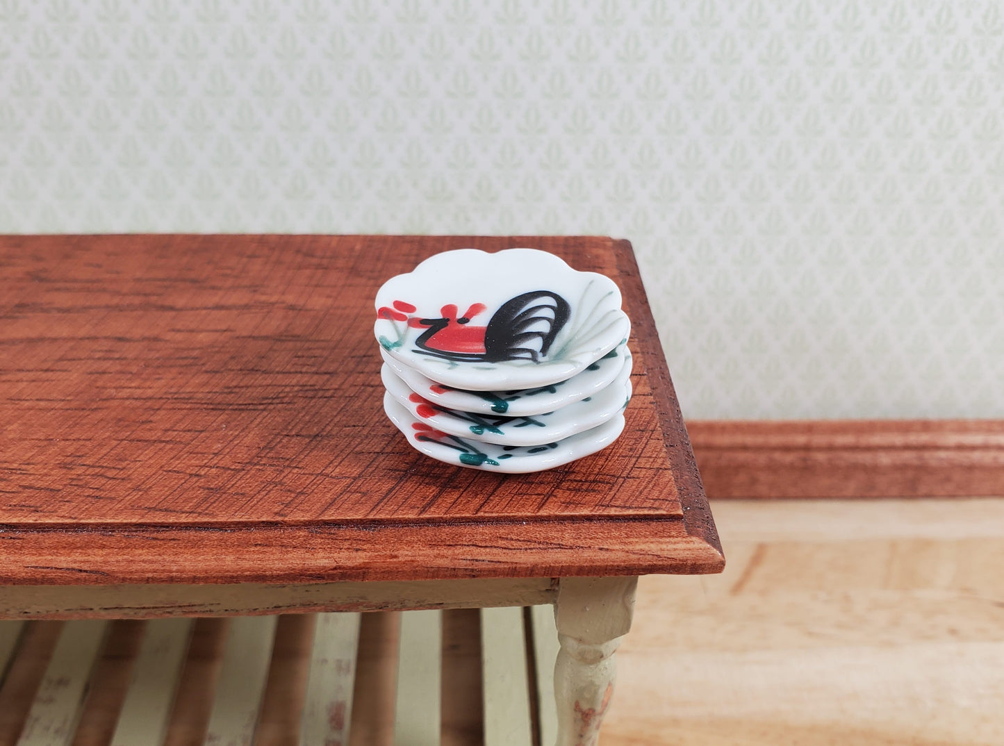 Dollhouse Scalloped Ceramic Rooster Plate 1:12 Scale Miniature 1" x4 pcs