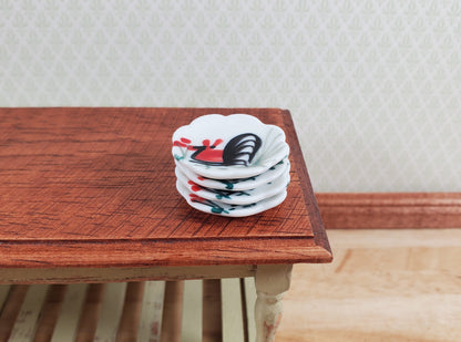 Dollhouse Scalloped Ceramic Rooster Plate 1:12 Scale Miniature 1" x4 pcs