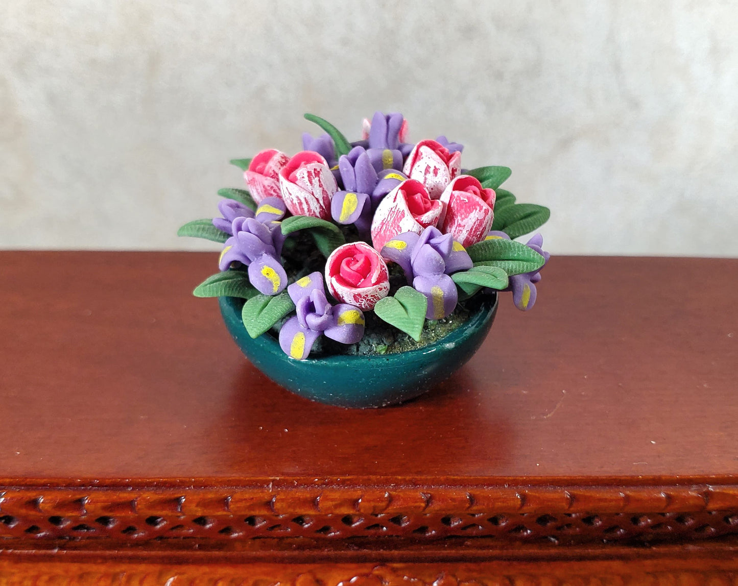Dollhouse Tulips and Iris Arrangement in a Dark Green Bowl 1:12 Scale Miniature