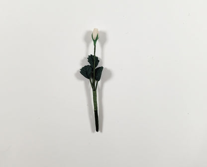 Dollhouse White Rose Bud Single Stem with Foliage 1:12 Scale Miniature